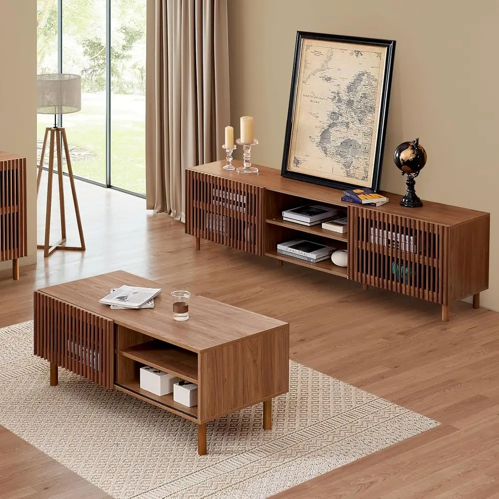Mid-Century Walnut Coffee Table with Storage, Sliding Door & Open Shelves for Living Room