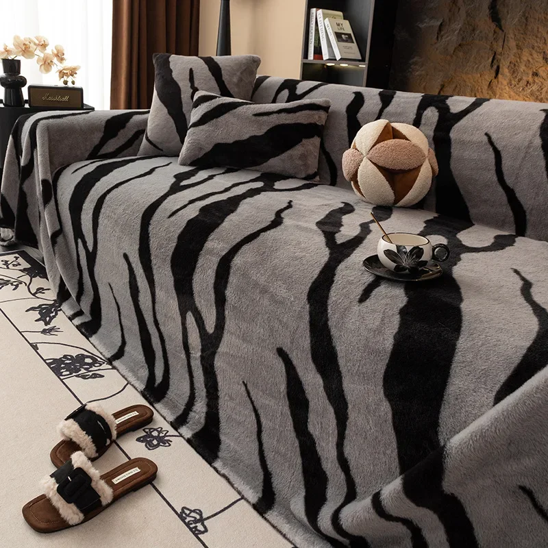 Faux Rabbit Velvet Zebra Patterned Sofa Towel Plush Warm Couch Slipcover for Autumn Winter Comfort Knee Blanket for Office Home