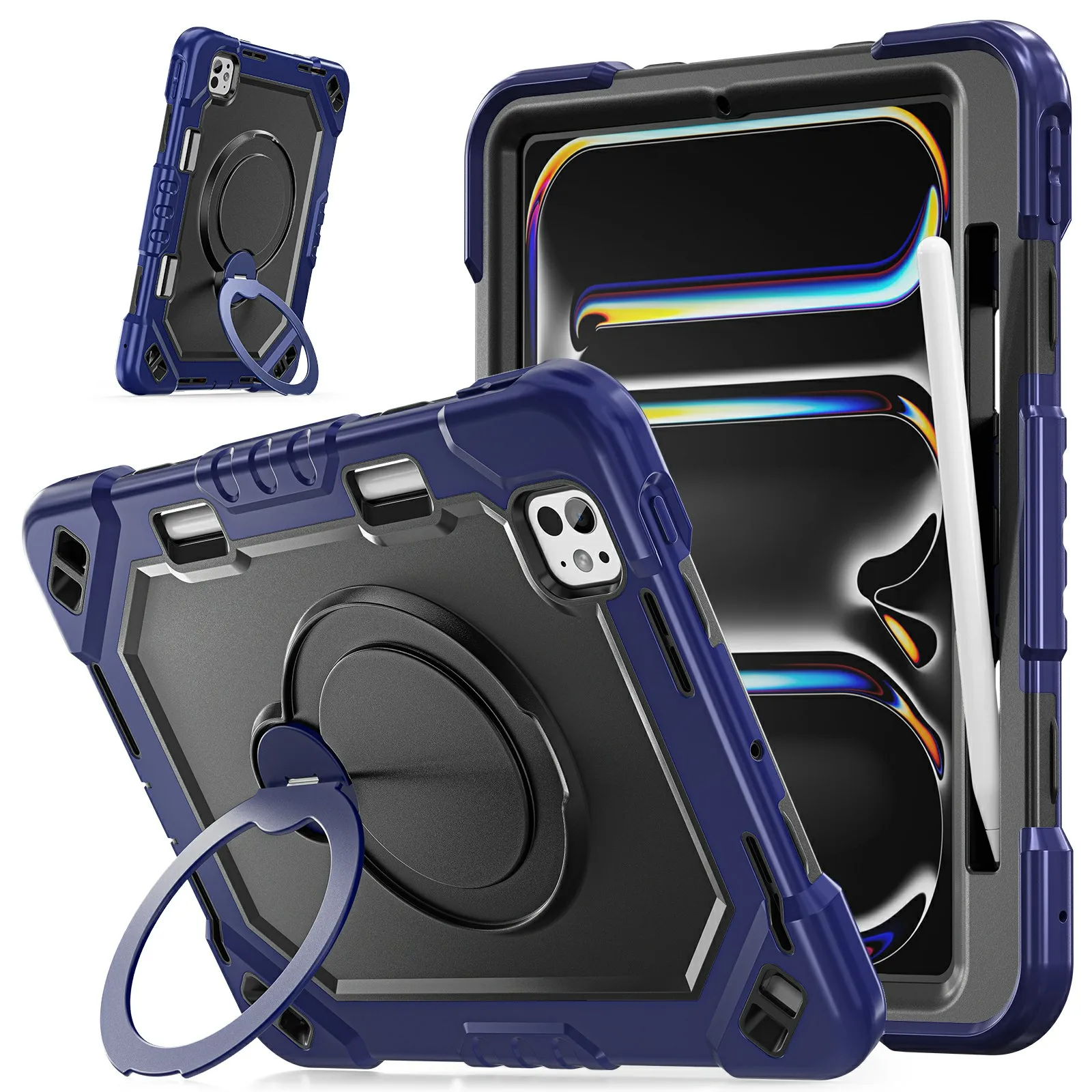 For iPad Pro 11 (2024)  /  (2025) Case TPU + PC + Silicone Shockproof Tablet Cover with Kickstand Handle Grip - Navy Blue+Black