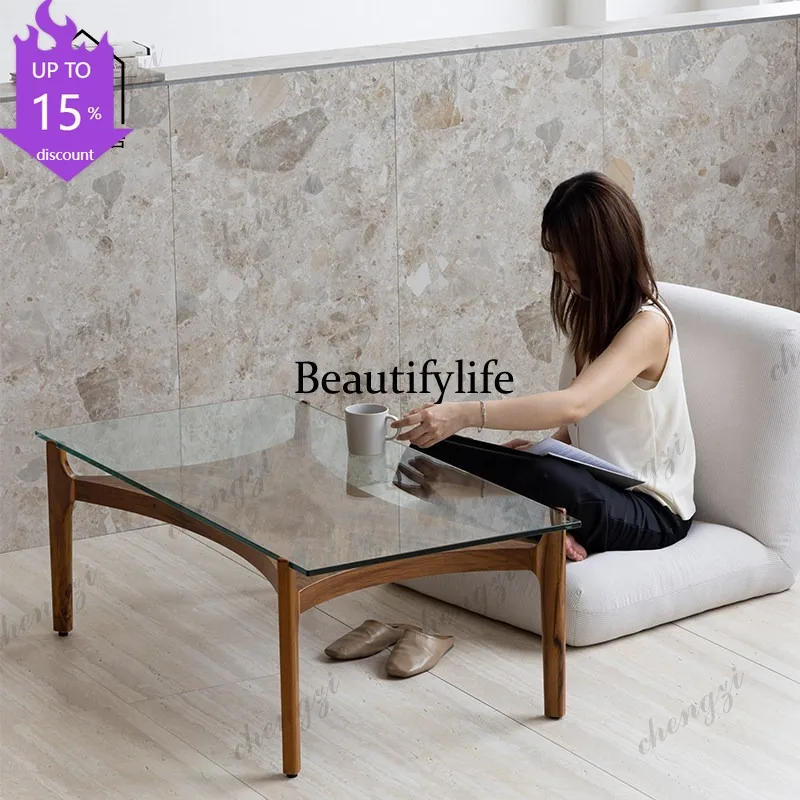 B178 Glass coffee table solid wood medieval coffee table teak edge table living room minimalist square