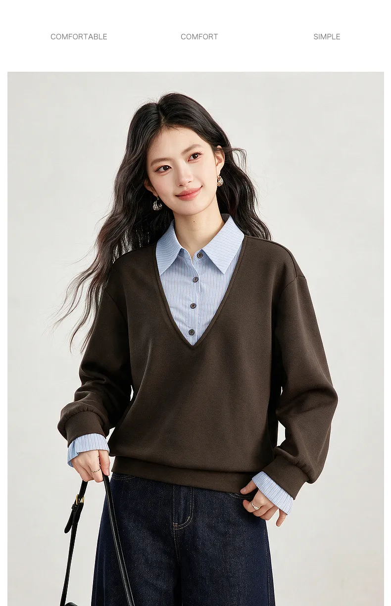 VIMLY Fake Two-piece Striped Collar Sweatshirt for Women 2026 Autumn Coffee Color Commute Casual Loose-fit Female Pullover A7577