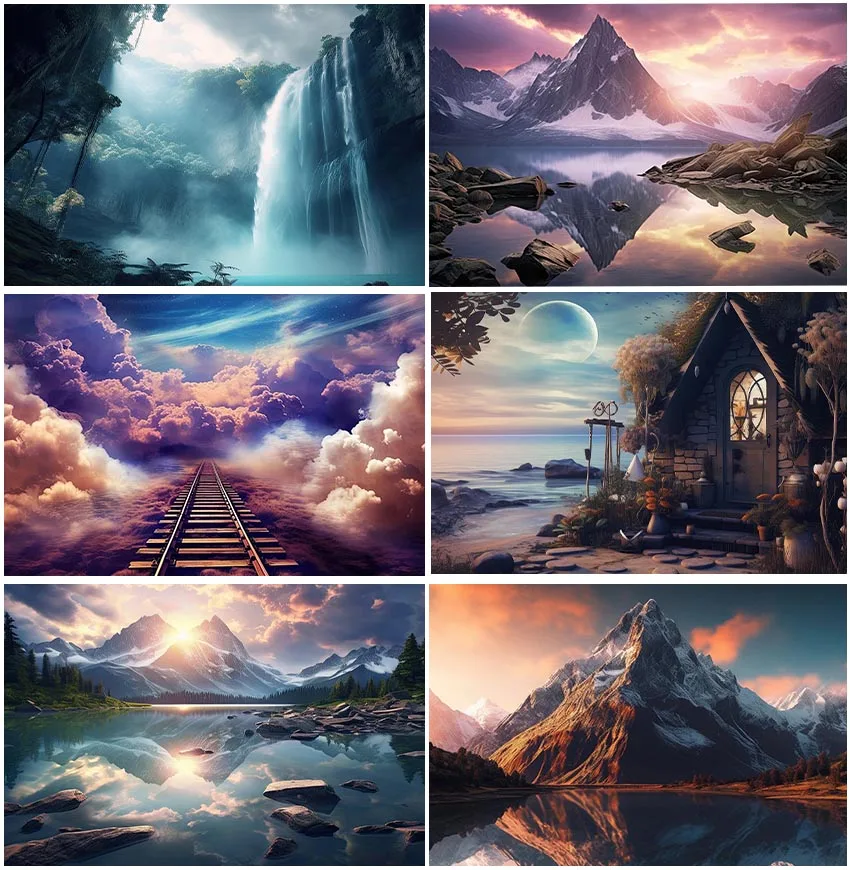 Landscape Natural Backdrops Mountain Cloud Waterfall Outdoor Scene Family Portrait Photographic Wall Decoration River Background