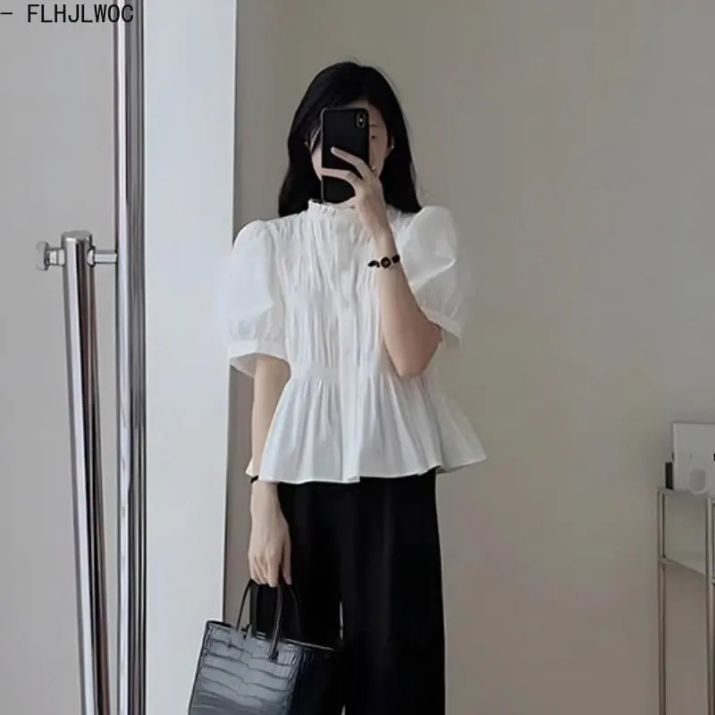 Hot Sales Peplum Korea Chic Tops Blusas Holiday Transparent Button White Shirt FLHJLWOC 2023 Design Women Blouses