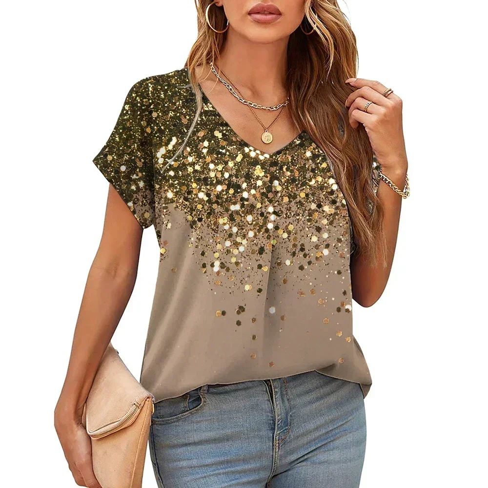 

Luxury Star Print T Shirt For Women Fashion V Neck Ladies Short Sleeve Oversized Tops Summer Casual Blouse Female Designer Tees