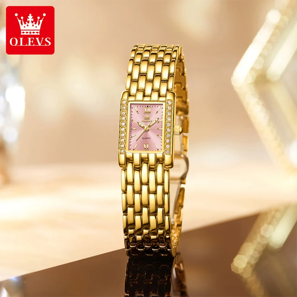 OLEVS 3700 Elegant Fashion Gold Woman Watches Stainless Steel Square Quartz Watch Waterproof Laides Watch Original New Reloj