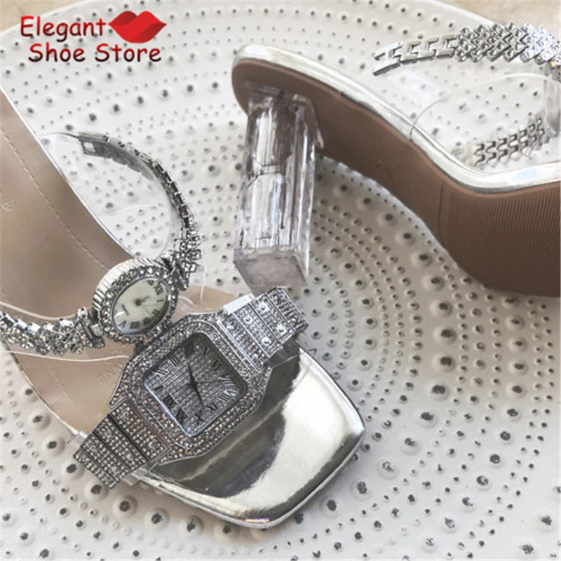 Rhinestone Watch Strap High Heels Slippers for Women Square Toe Transparent Thick Heel Sandals Summer Elegant Party Dress Shoes