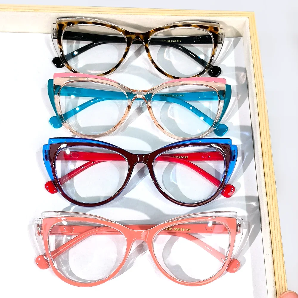Cat Eye Reading Glasses Blue Light Blocking Glasses Trendy Color Block Optical Eyeglass Frames with 145° Flexible Spring Hinge