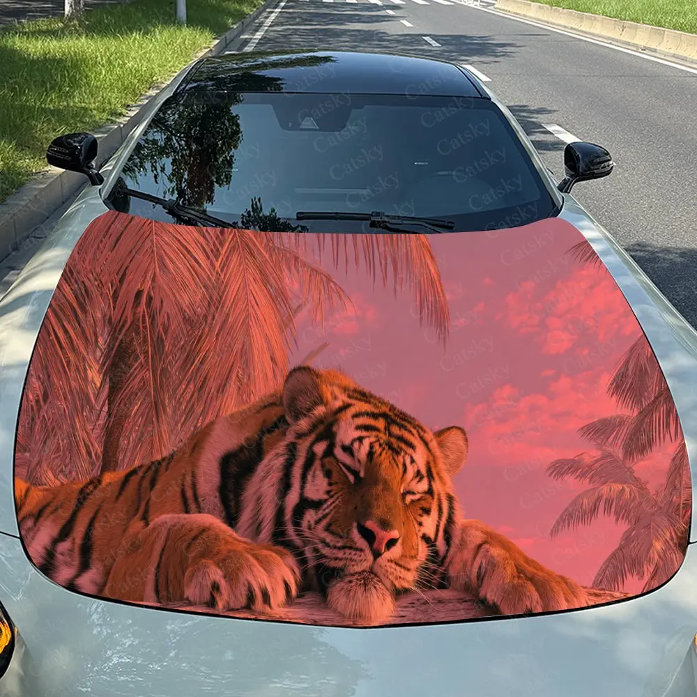 

Striking Fiery Red Tiger Car Hood Stickers - Self-Adhesive, Waterproof and Durable Vinyl Wrap, Decorate And Protect Your Car - T