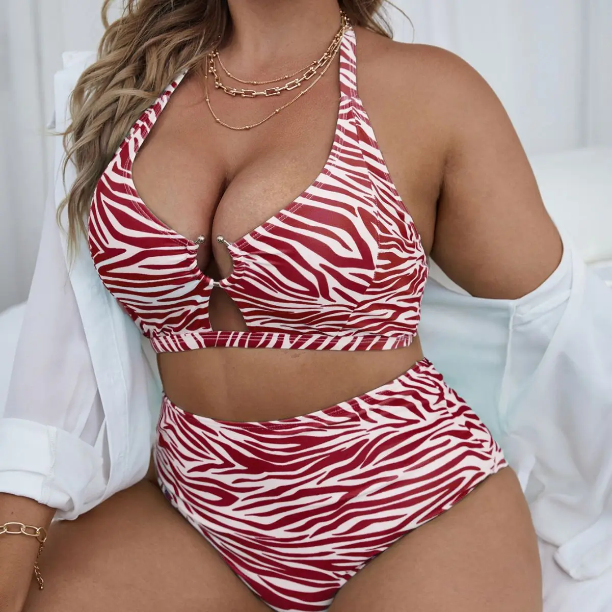 Large Stripe Print High Waist Lace Cut Out Bikini, Sexy Split, New, 2022