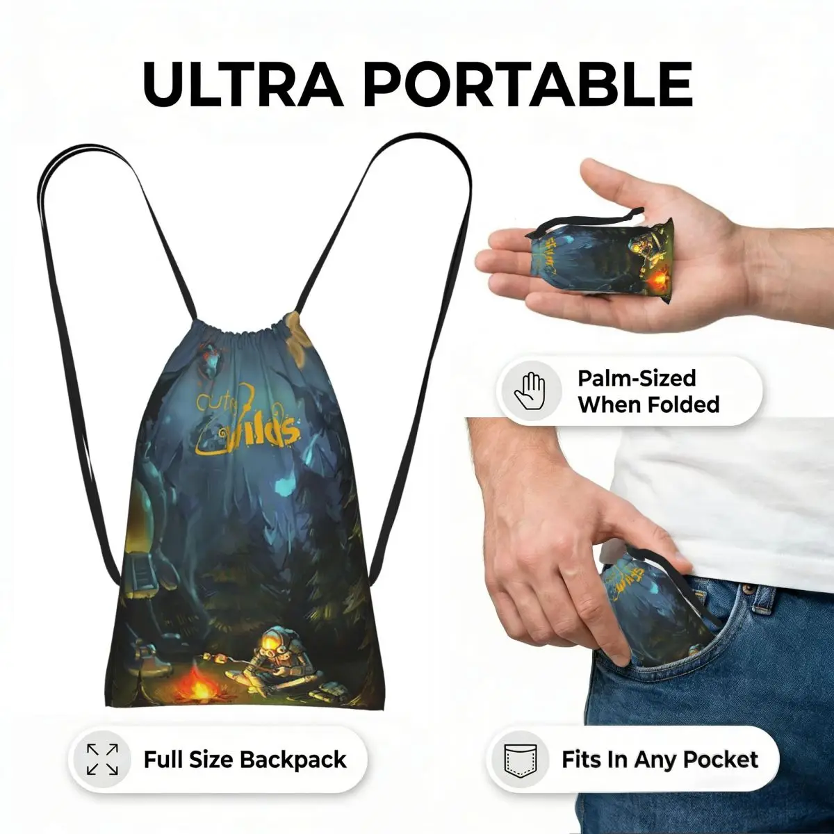 Outer Wilds Camp Drawstring Backpack hiking cycling Bag Lightweight Foldable Storage Drawstring Bag for Men Women