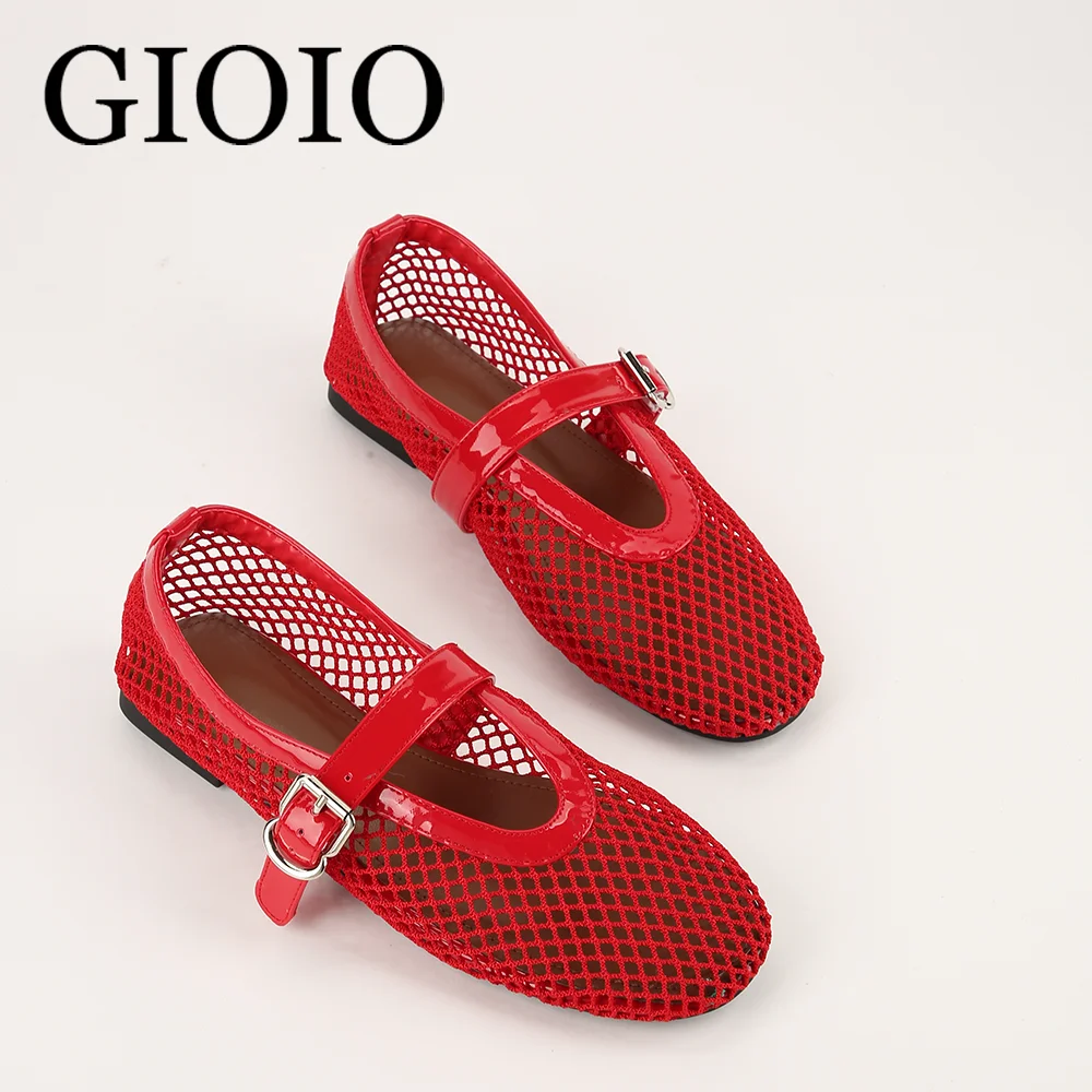 

In Summer, Wear Round Toe, Straight Buckles Red Black Casual Sandals Women's Flats, Cut-out Mary Jane Single Shoes,fishnet Shoes