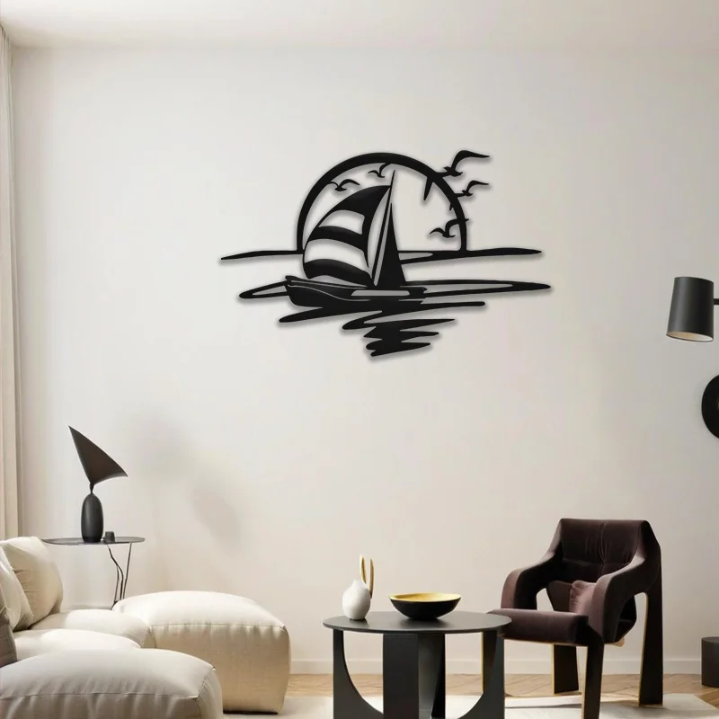 CIFBUY Metal Wall Art Wrought Iron Decor Sunset Sailboat Seagull Ocean Hanging Artwork Natural For Indoor Outdoor Living Room
