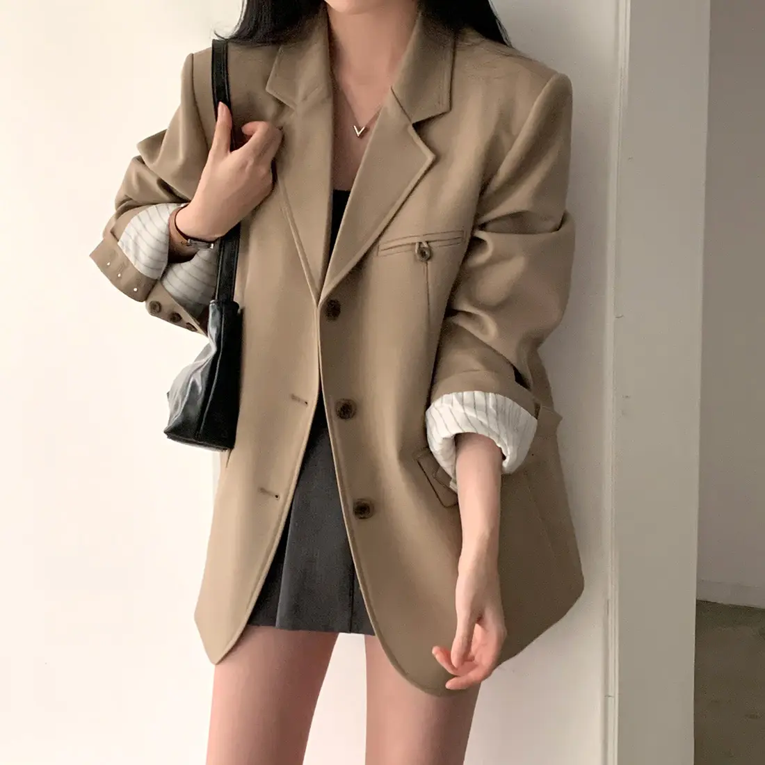 

Chic Early Autumn Loose Fit Long Sve Single Button Color Blo Versatile Ele Women's Suit Jaet Polyester Fiber
