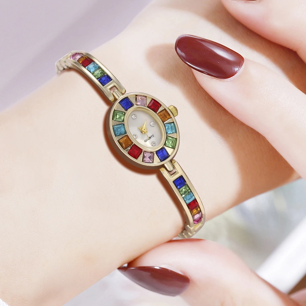 Elegant Metallic Quartz Women Watch With Colorful Rhinestones Ideal Present For Valentine Easter Special Occasions  Celebrations