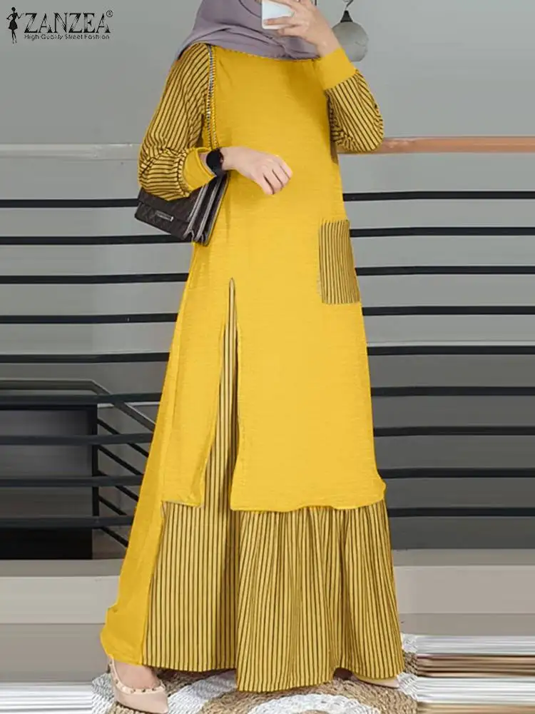 

ZANZEA Women Muslim Maxi Dress Turkey Abaya Hijab Dress Islamic Clothing Ramadan Vintage Long Sleeve Striped Patchwork Sundress