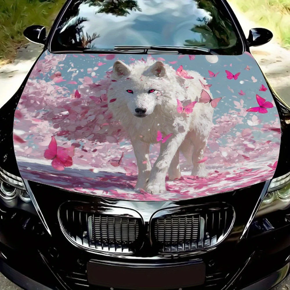 

Pink Petals White Wolf Car Engine Cover Protective Film, Durable Ethylene Packaging Printed Stickers, DIY Waterproof Car Film, S