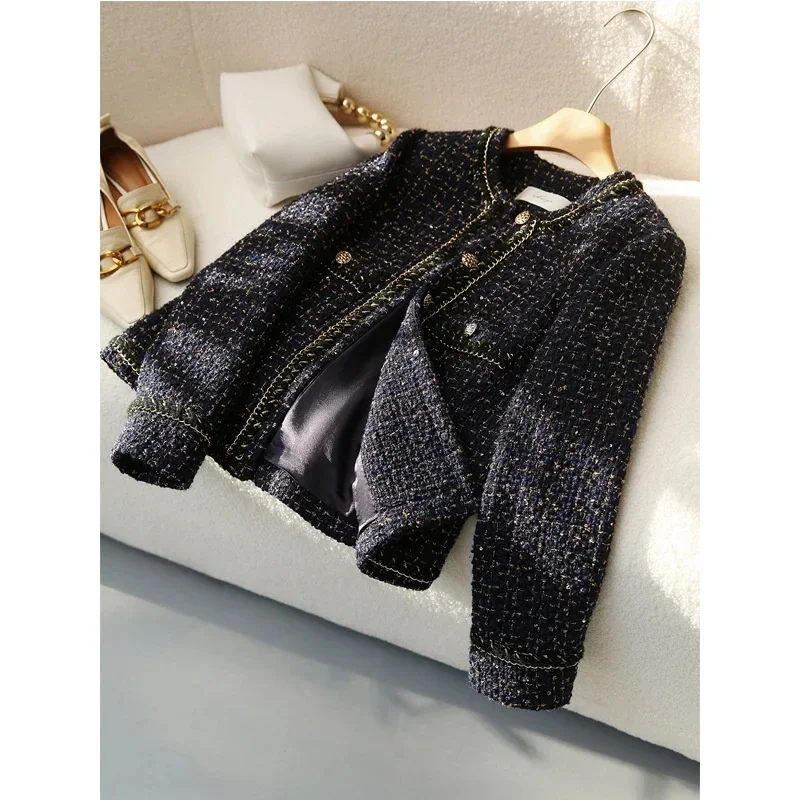 2024 Autumn Winter New Tweed Jacket Women High Quality Plaid Long Sleeve Round Neck Short Ladies Woolen Coat Outwear Tops B328