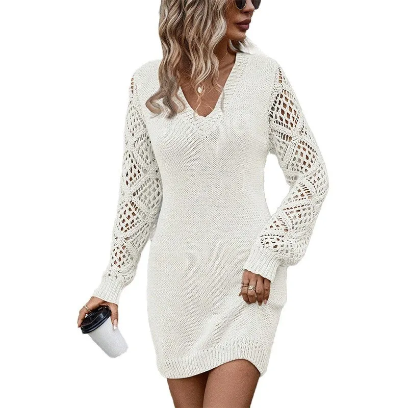 V Neck Long Sleeve Hollow Out Dress with Slim Fit Elegant Style Mid Length Openwork Professional Spring Dresses for Women
