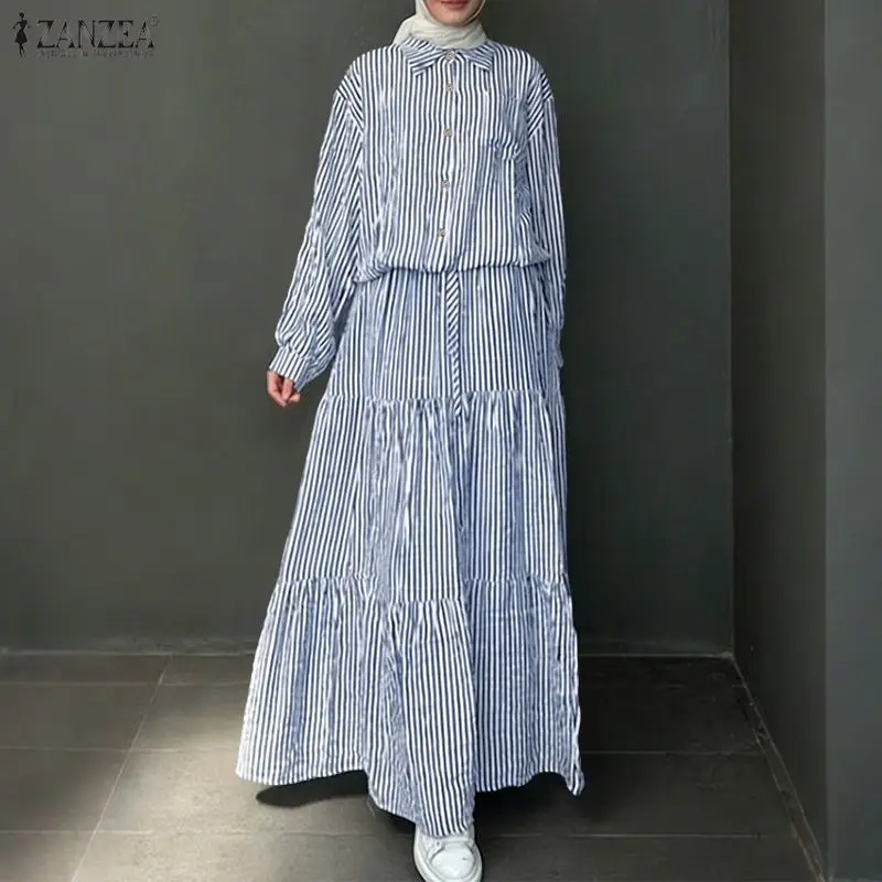 

Мусульманский спортивный костюм ZANZEA, женский 2026, весенние одинаковые комплекты, осенняя рубашка с длинными рукавами, платье, костюм, полосатая юбка, комплекты одежды для Рамадана