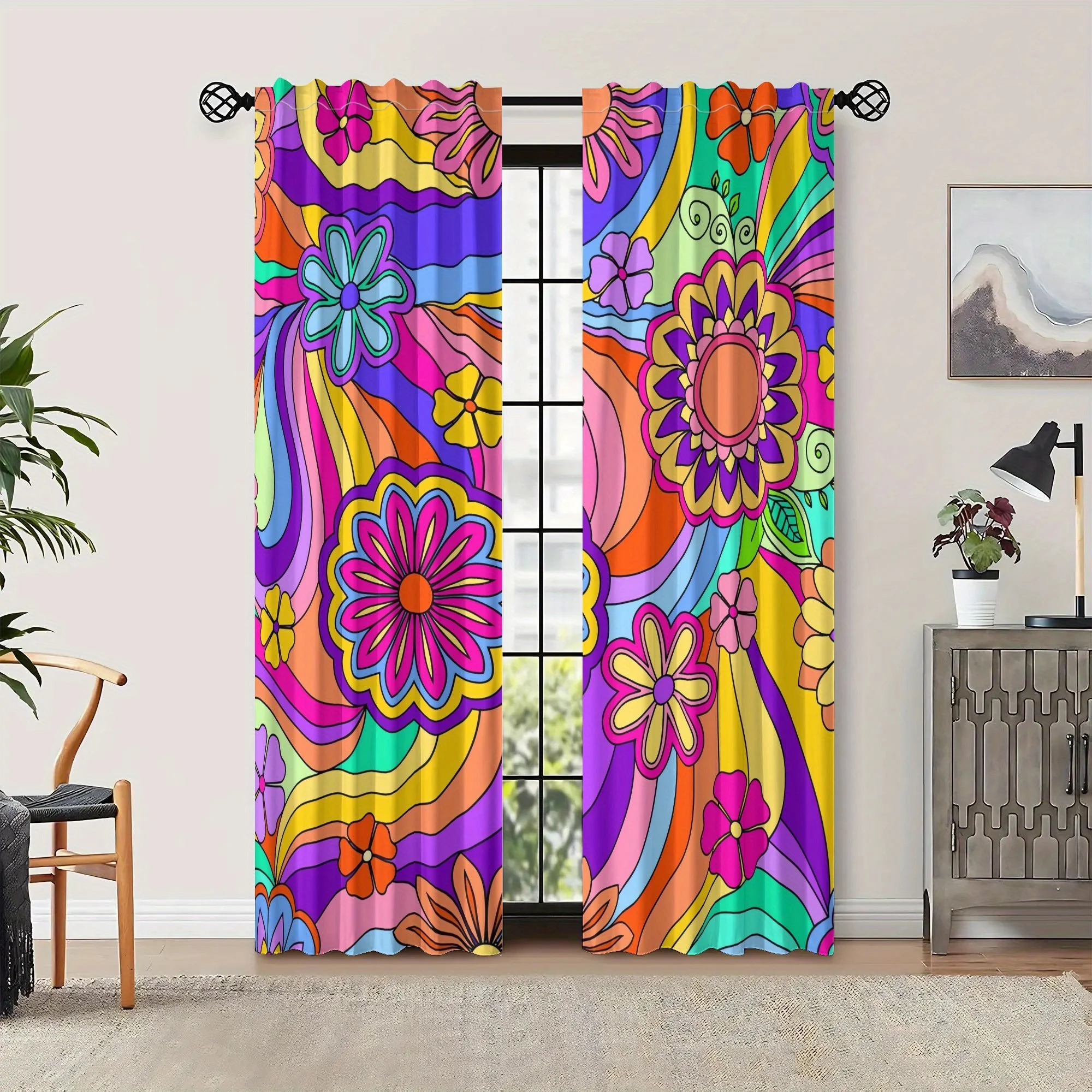 Highly Vibrant Floral Abstract Pattern Curtains 2pcs Pair Boho Psychedelic Window Drapes Home Decor Living Room Curtains
