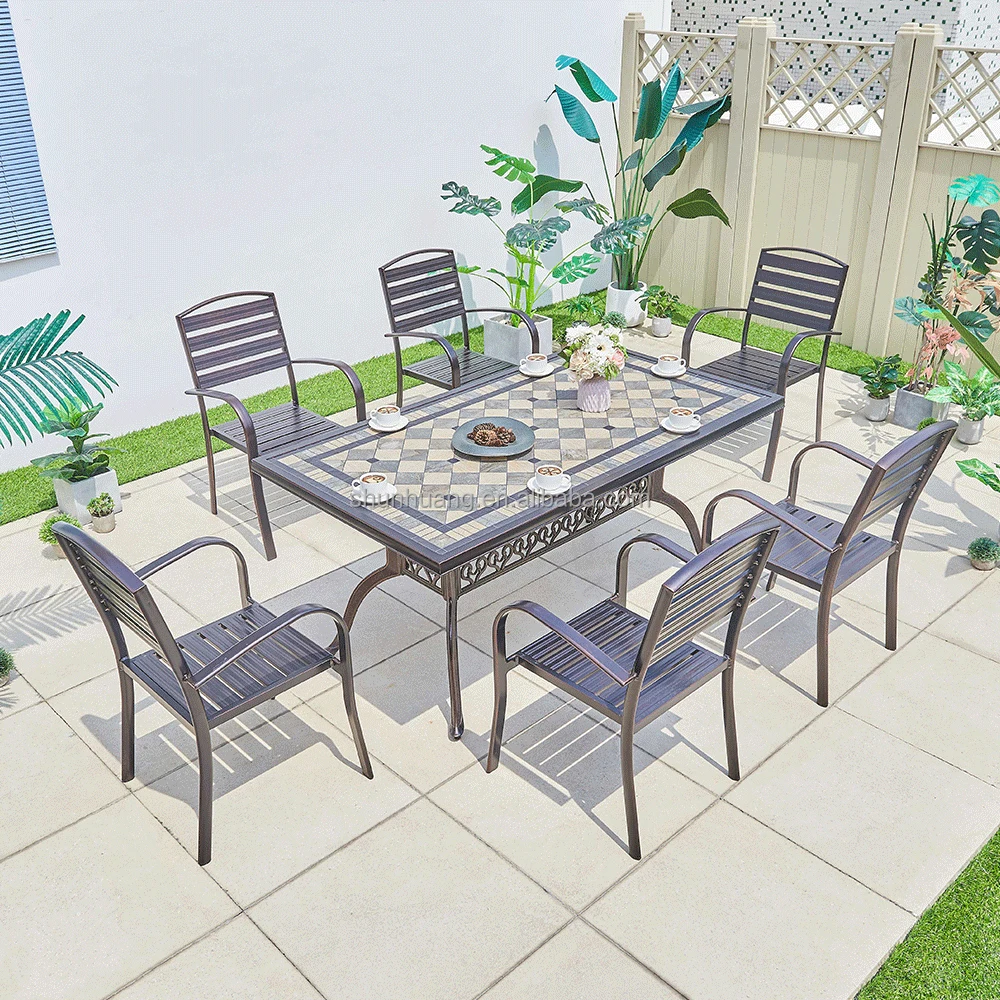 Penjualan terlaris bistro cast aluminium makan set outdoor cast meja aluminium dengan 6 kursi