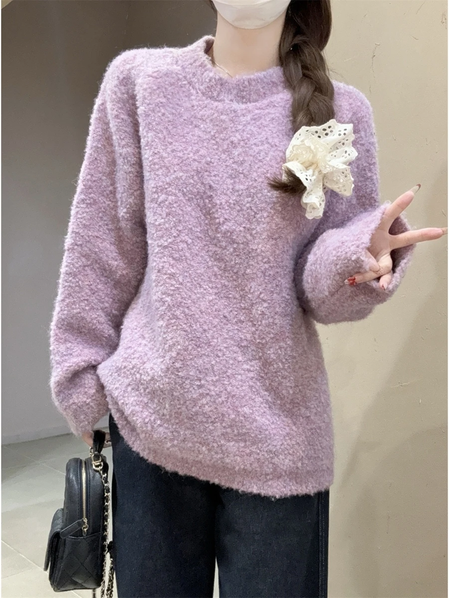 

Soft Versatile Loose oulder Insertion Thi Warm round Ne Knitted Sweater Women's Winter New Sle Personali Sweater