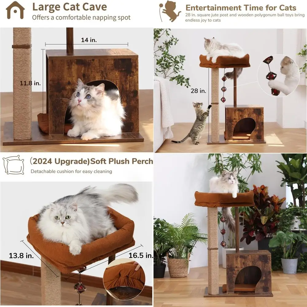 

Современный кошачий комплекс в стиле ретро с квадратной стойкой, деревянной башней, шариками из серебряной лозы и когтеточкой-домиком для кошек