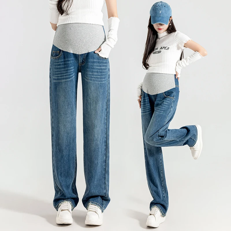 Autumn Spring Denim Maternity Jeans 1199# Full Long Wide Leg Loose Straight Belly Pants for Pregnant Women