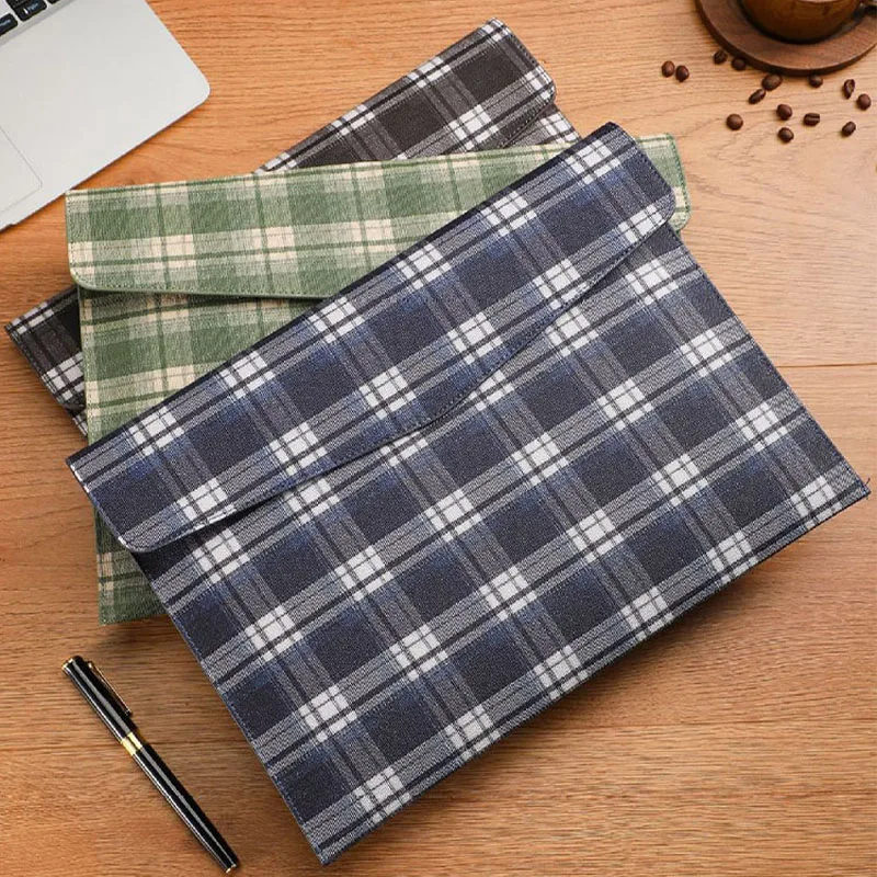 A4 Envelope Style File Folder, Plaid Leather Thickened Document Bag, Waterproof Durable Large Capacity for Office Students