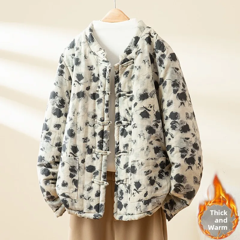 

Women's Cotton Jaet Coat Added Cotton Linen Cotton Clothes Winter Hanfu Button up Straight Tube Long Sve Regular Length