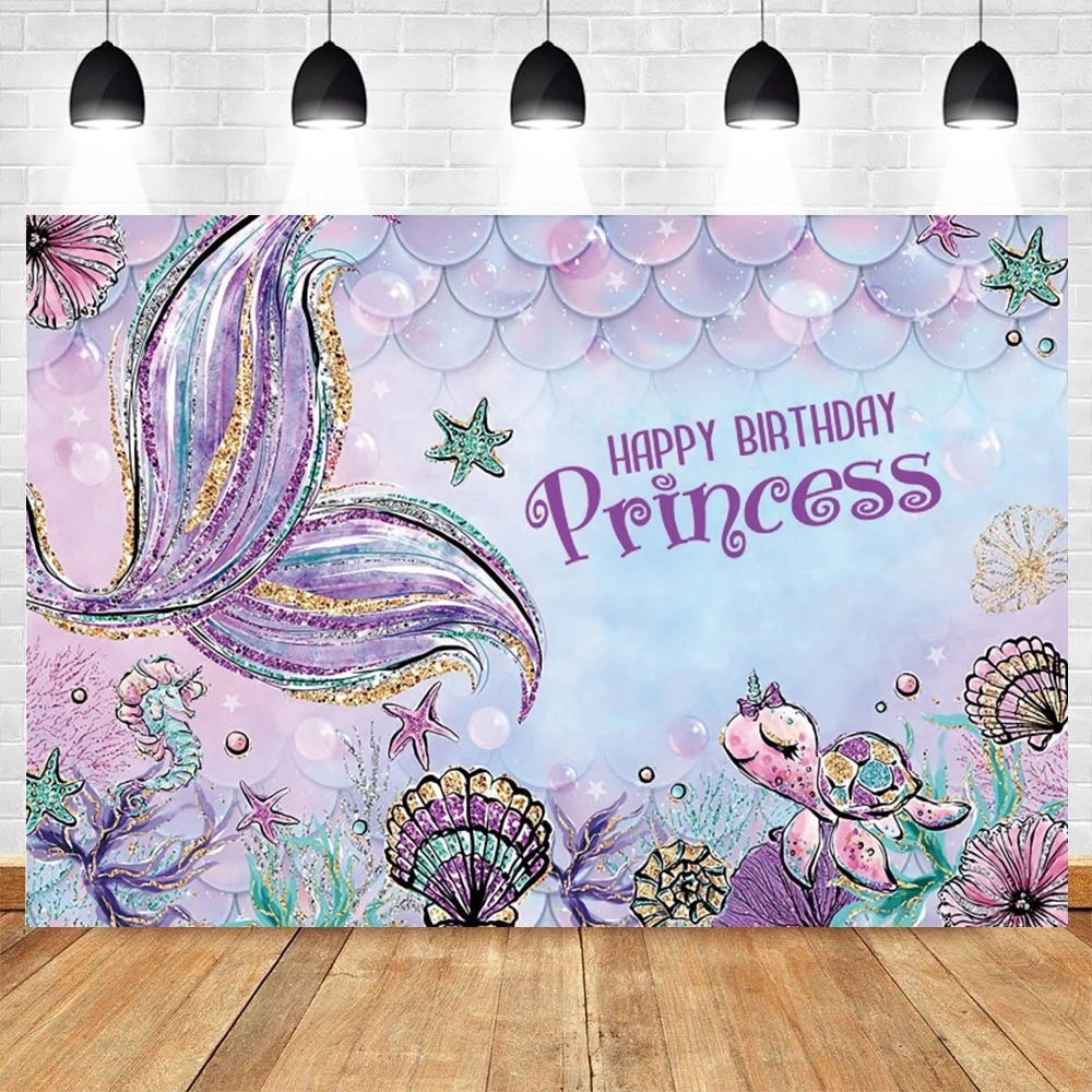 Sirena Baby Shower sfondo per la fotografia castello subacqueo Glitter Shell Girl 1st Birthday Cake Smash Decor Photo Background