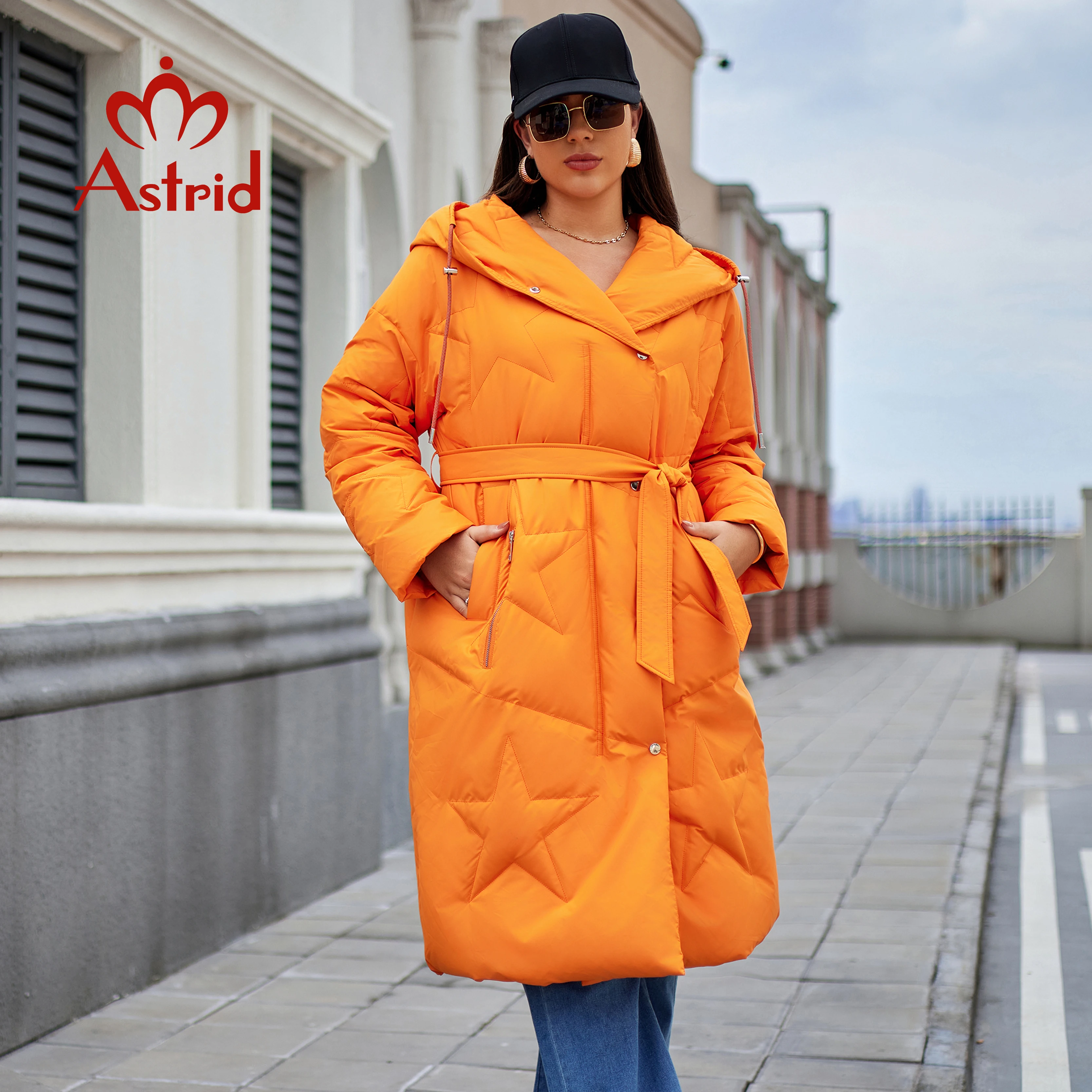 Astrid Fashion Women\'s Autumn Winter Parka Plus Size Woman Clothing Long Loose Padding Warm Hood Lady Quilted Jacket Coats Belt