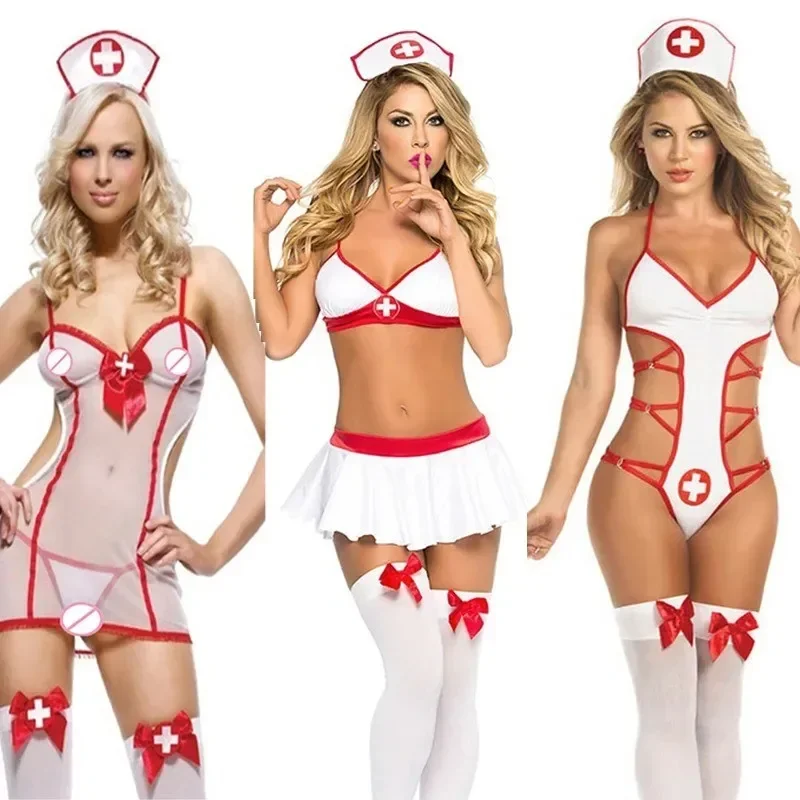 Nurse Uniform Cosplay Costumes Women Sexy Lingerie Porno Suit Bra with Panties and Headband Exotic Set Babydoll