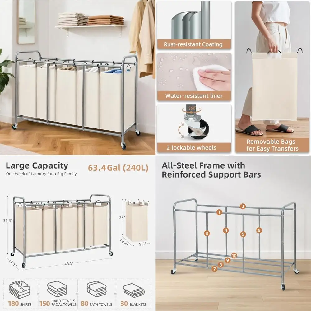 

5-секционный рулонный сортировщик белья с запираемыми колесами, корзина-органайзер для одежды большой емкости, бежевый