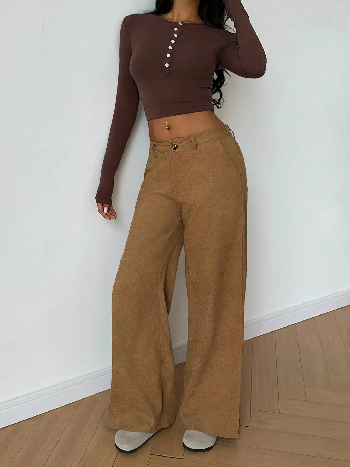 Flirla Herbst/Winter Lässige modische Cord-Seitenschlitz-Maxihose mit lockerem geradem Bein für Damen