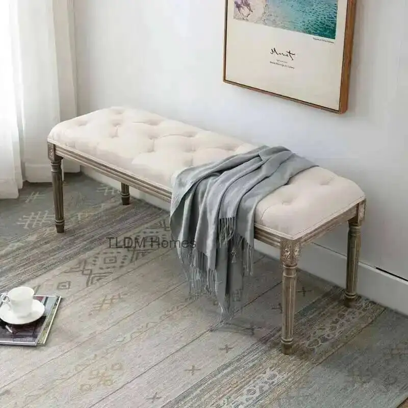 Retro Bench Carved Solid Wood American European Sofa Ottomans Living Room Furniture Fitting Room Entrance Shoe Changing Stool Z