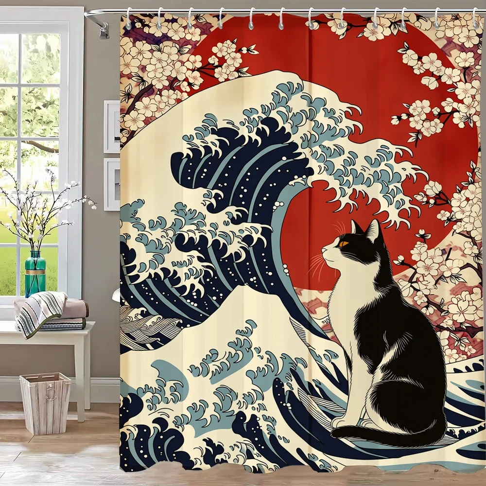 Wave Sunrise Cat Print Waterproof Shower Curtain Partition Privacy Hanging Curtain with 12 Hooks Multiple Sizes Machine Washable