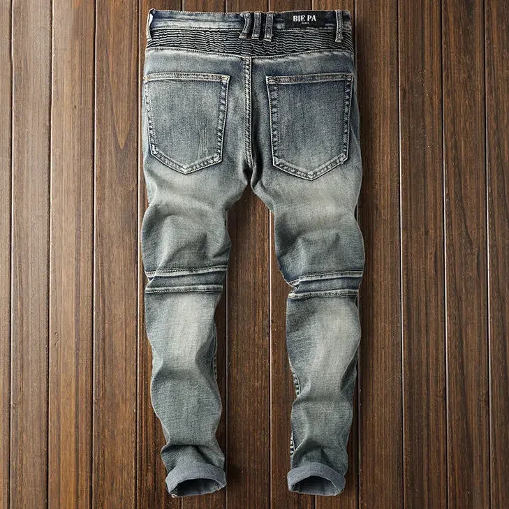 

Autumn Hip Hop Men Stretch Slim Jean Designer Jean Retro Locomotive Men Motorcycle Patchwork Fashion Brand Denim High Street