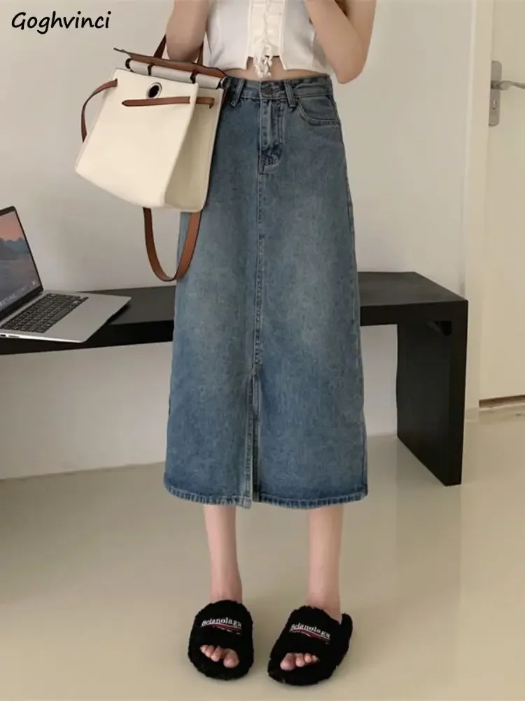 Skirts Women Harajuku Casual Hotsweet Slit Summer New Denim Korean Style Empire Simple Prevalent Vintage Elegant A-line Literary