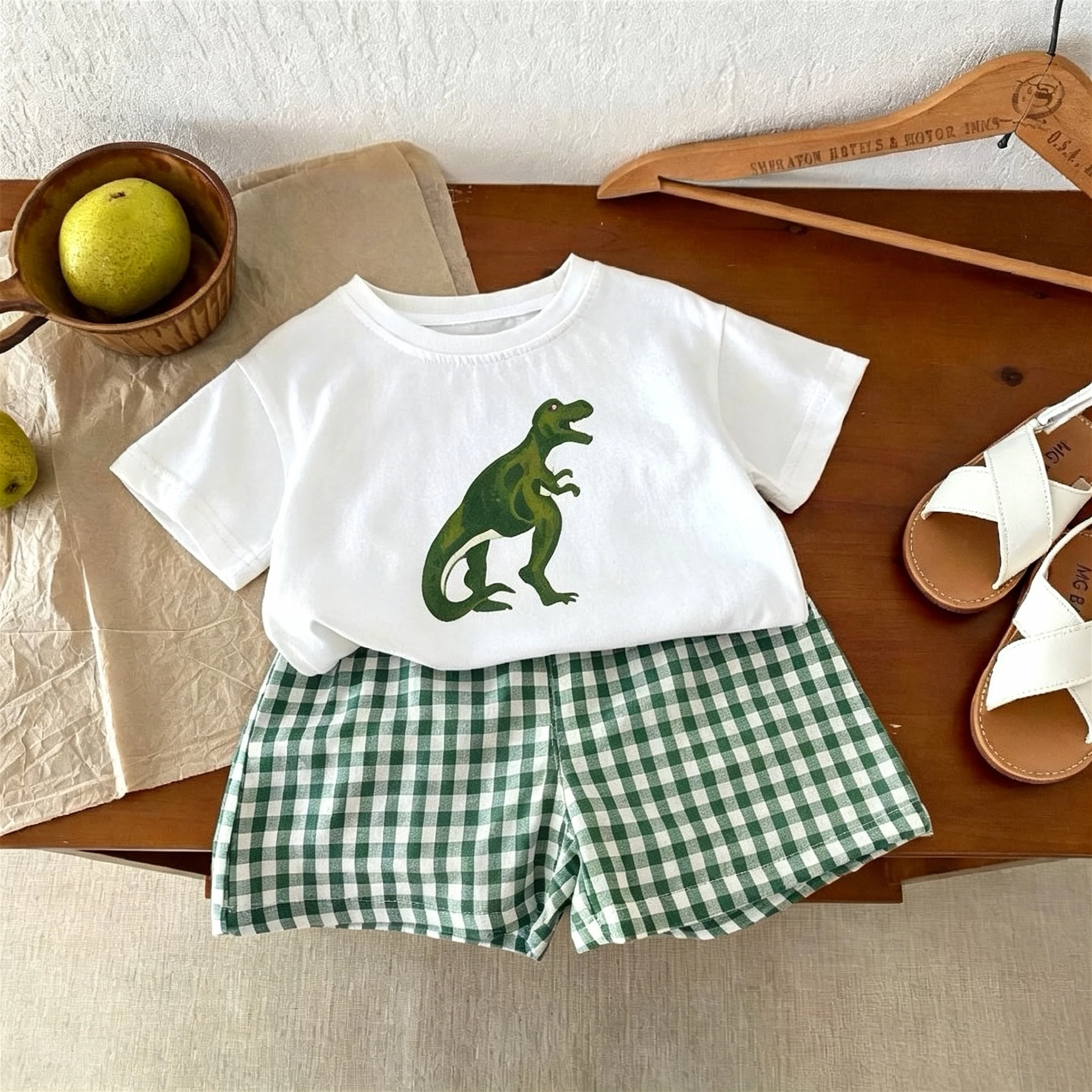 Children's Short Sleeve Suit Dinosaur T-shirt + Plaid Shorts Two Piece Set Kids Clothing Summer Thin Casual Girl Boy Outfits