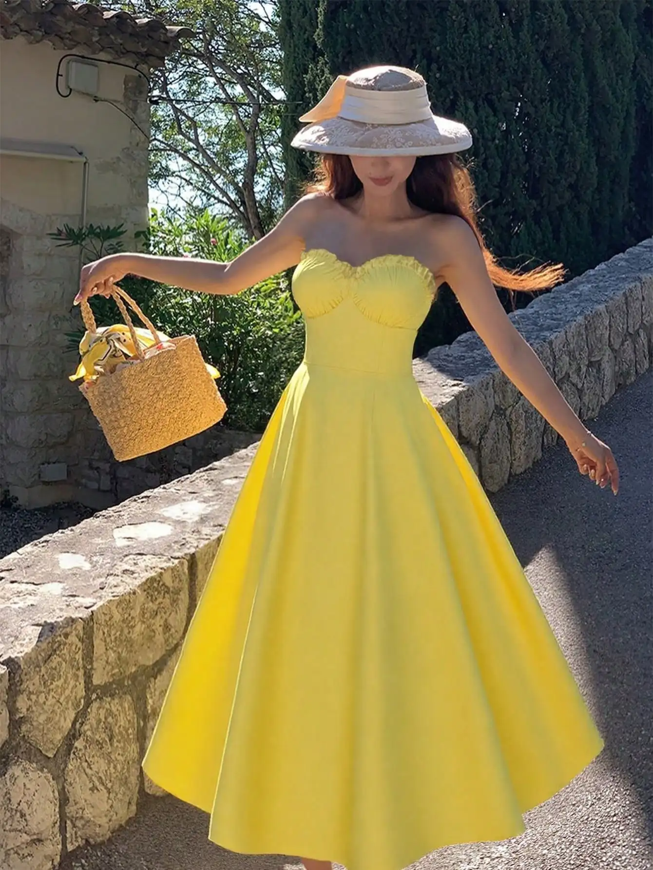 Women's Boho Butter Yellow Vacation Sexy Solid Yellow Ruffle Hem Strapless Dress Zip Back Dress For Easy Wear