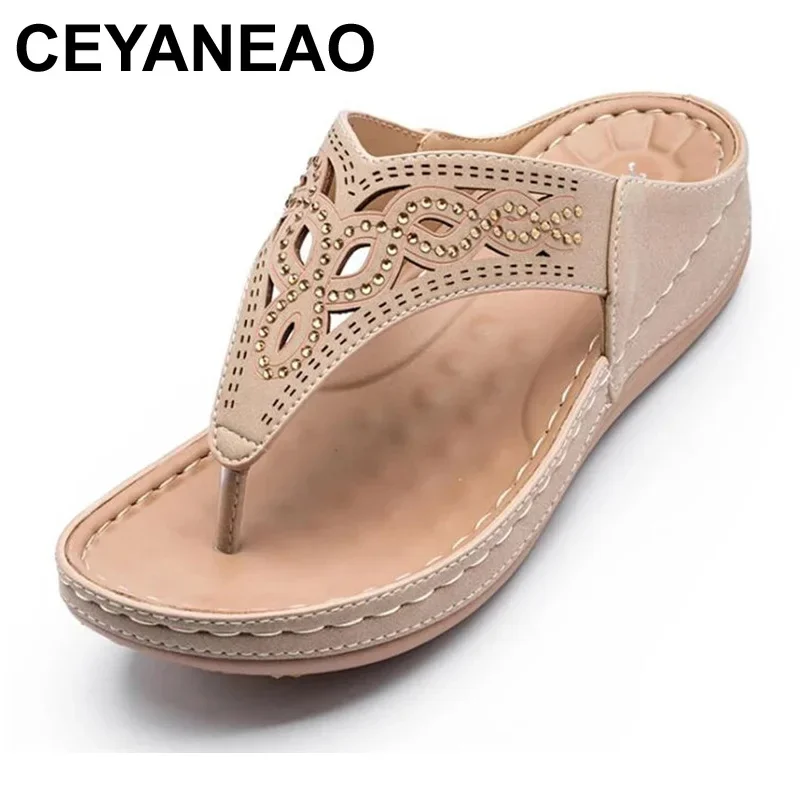 

CEYANEAO Women Shoes Summer Genuine Leather Beach Sandals Wedge Platform Slippers Flip Flops For Women Platform Slippers