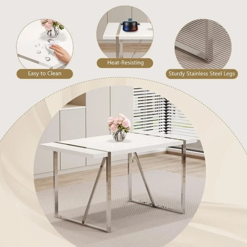 55‘’ Modern  Table Set for 6, Rectangle Dining Room Table with 6 White Upholstered Dining Chairs for Kitchen