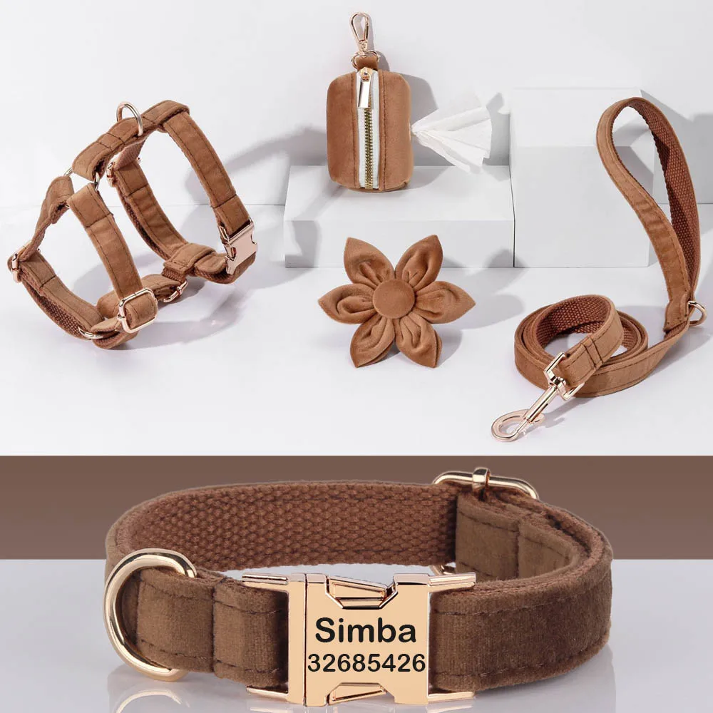 Luxury Personalized Dog Collar Harness Leash Bow Collar Engraved Name for Dog Harness Collar Lead Dog Poop Bag Dispenser Pouch