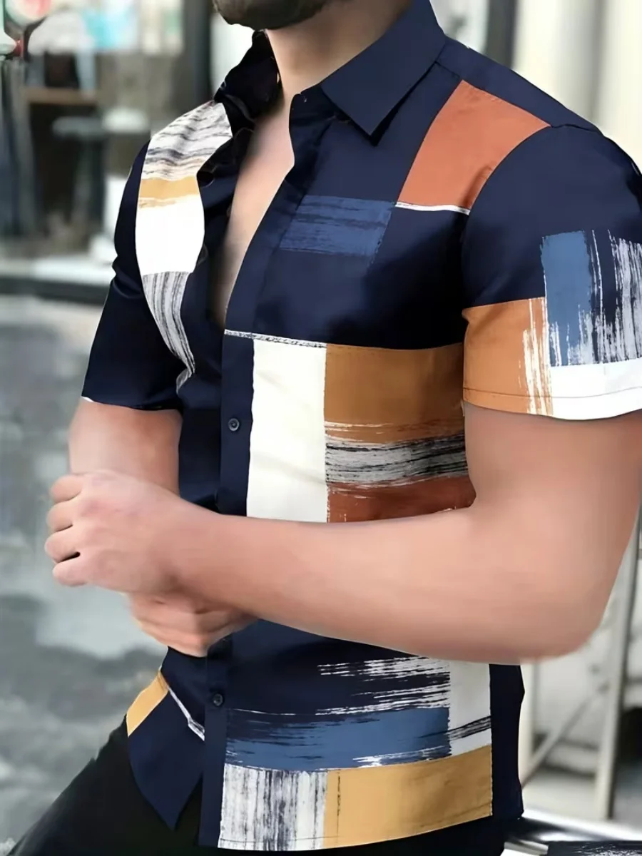 Men Shiny Short Sleeve Shirt Abstract Brush Stroke Color Block Patchwork Print Lapel Button Down Casual Party Streetwear D