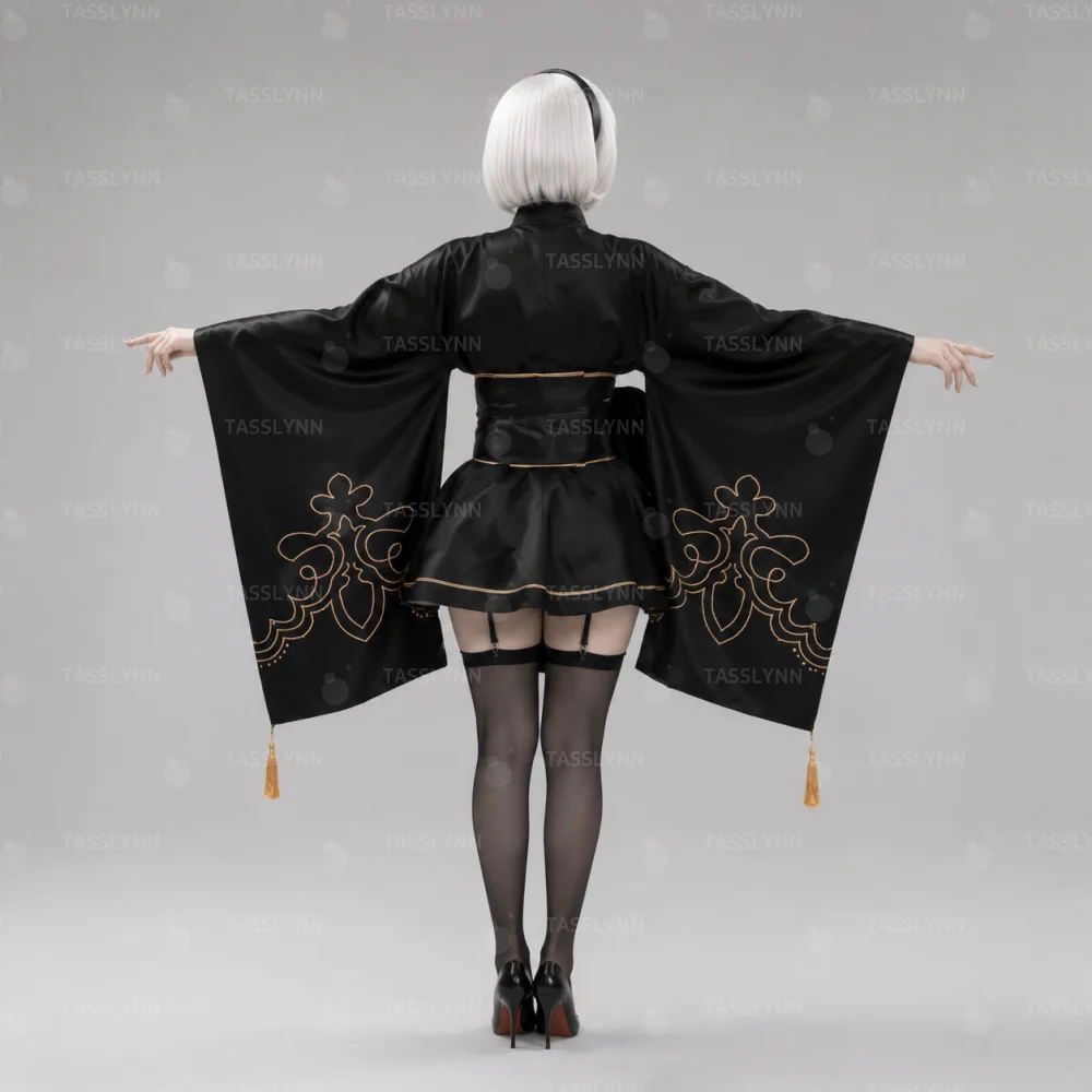 Women 2B NieR Outfit, Wide Sleeve Tassel Yukata Big Bow Waistband Garter Stockings Full Set, Anime Japanese Roleplay Costume view 2