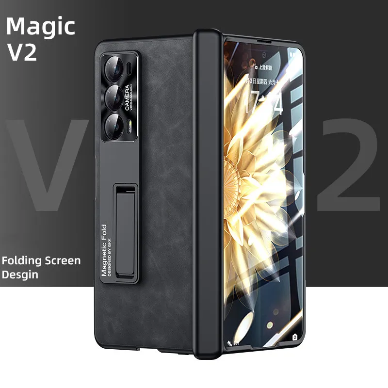 Magnetic Hinge Protection Frosted Leather Phone Case For Honor Magic V2 With Kickstand Glass Film Screen Protector