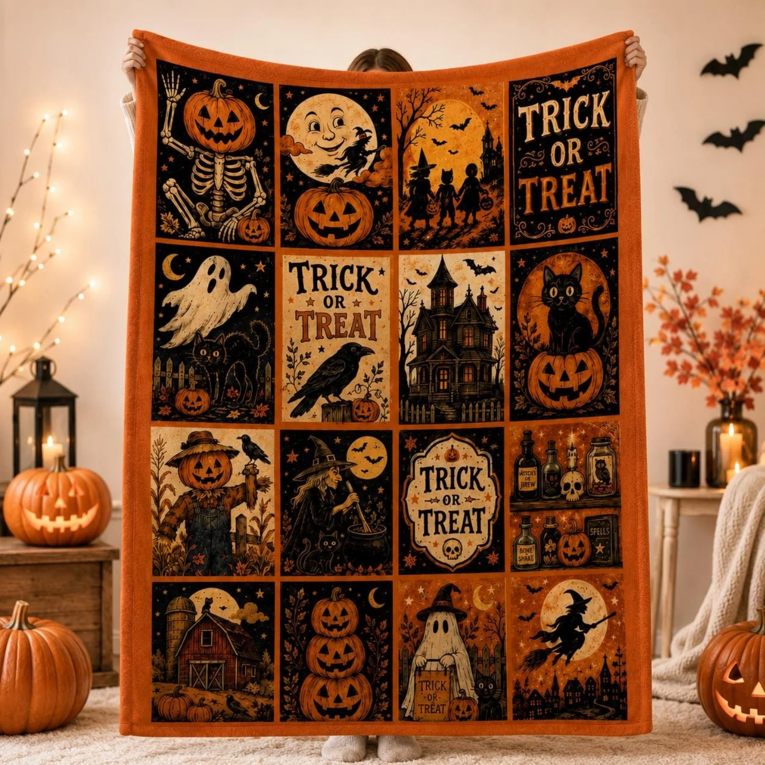 1pc Halloween Throw Blanket,Spooky Autumn Blanket,Haunted House Ghost Pumpkin Quilt,Vintage Halloween Decor
