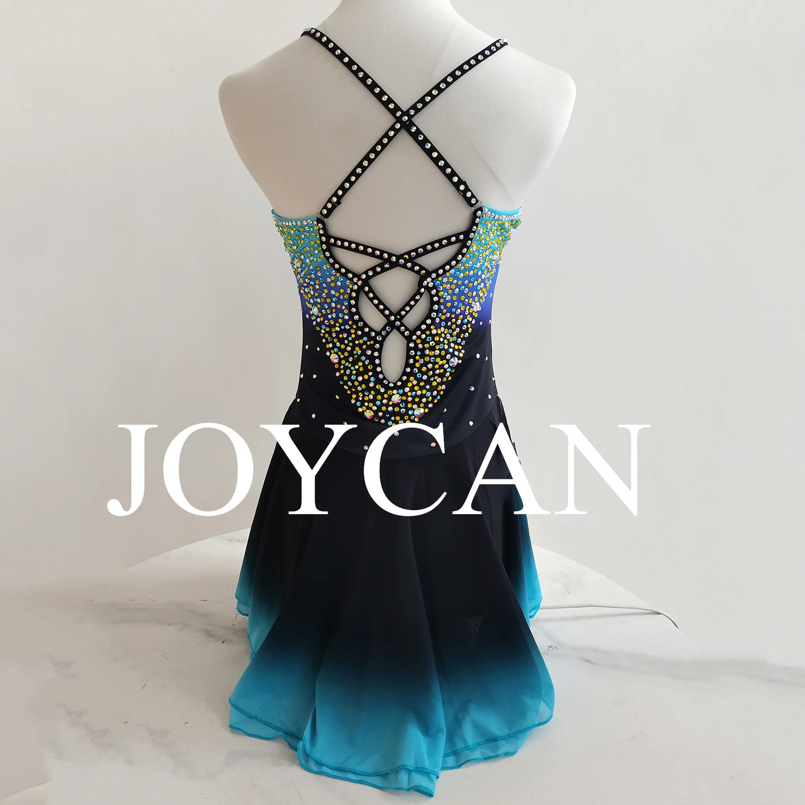 JoyCan Ice Figure Skating Gaun Gadis Biru Dan Hijau Spandex Melar Kompetisi Dansa Pakaian Disesuaikan