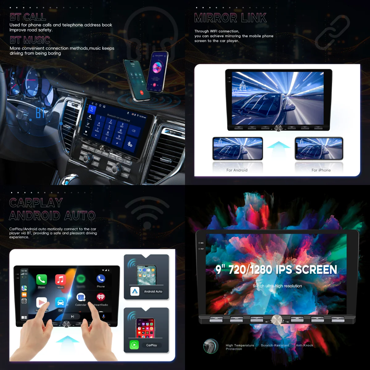 Podofo 9'' 4+64G Android Universal Car Stereo Radio 2 Din Autoradio Wireless CarPlay/Android Auto GPS WIFI FM RDS AI DSP BT EQ
